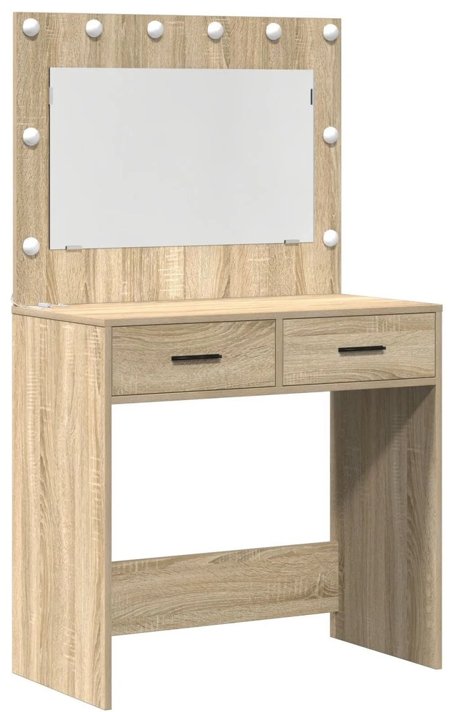 Conjunto de Mesa de Maquilhagem com LED de 2 Peças em Madeira de Carva