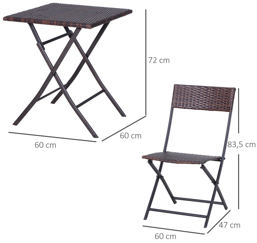 Conjunto de 3 Peças de Rattan Conjunto de 2 Cadeiras e Mesa para Pátio Varanda Jardim Dobrável Desenho Trançado Elegante Mesa de 60x60x72 cm Cor Marro