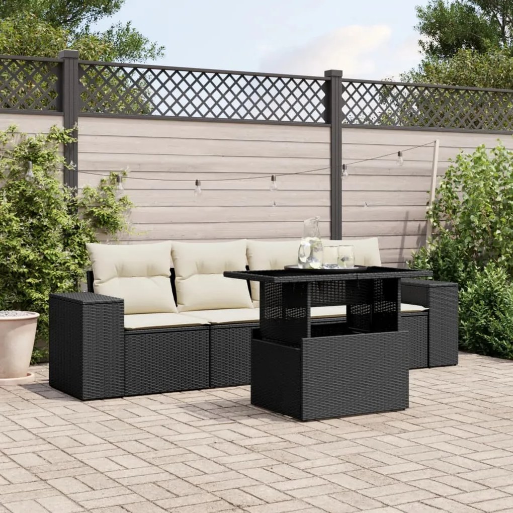5 pcs conjunto sofás de jardim com almofadões vime PE preto