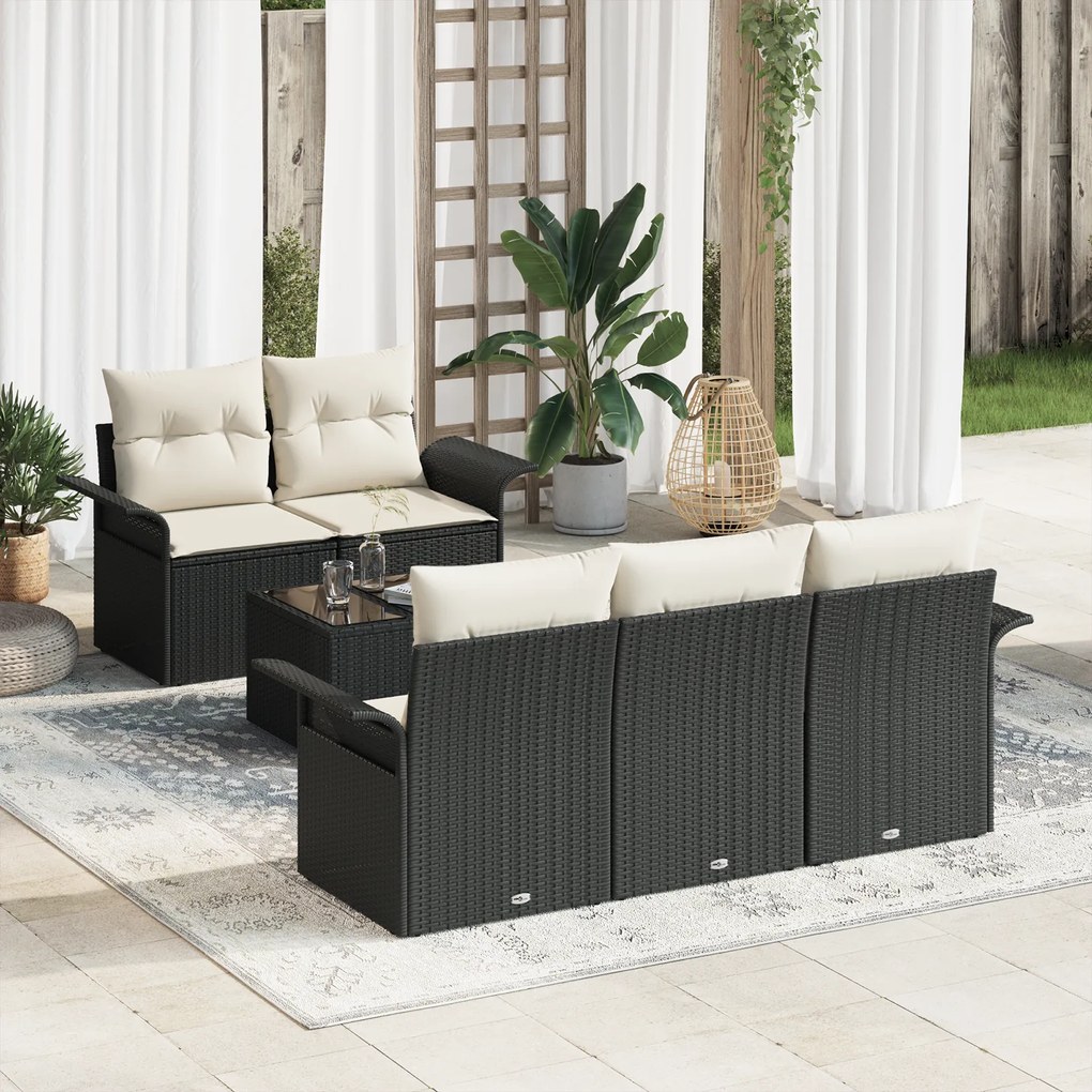 Conjunto de Sofá de Jardim de 6 Peças com Almofadas Vime PE Preto