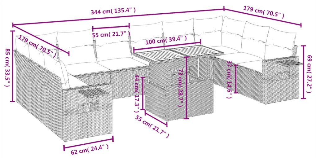 11 pcs conjunto sofás de jardim c/ almofadões vime PE bege