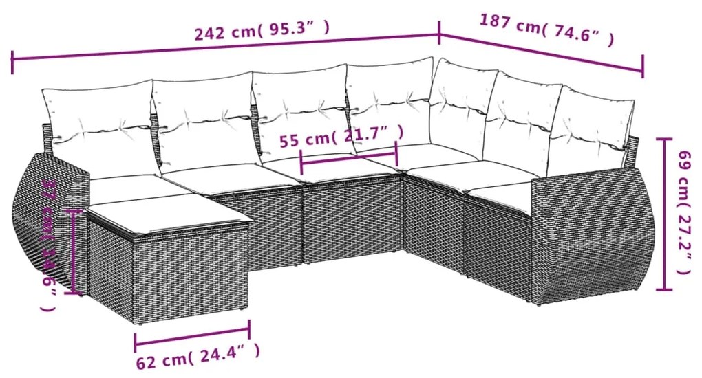 7 pcs conjunto de sofás jardim c/ almofadões vime PE castanho