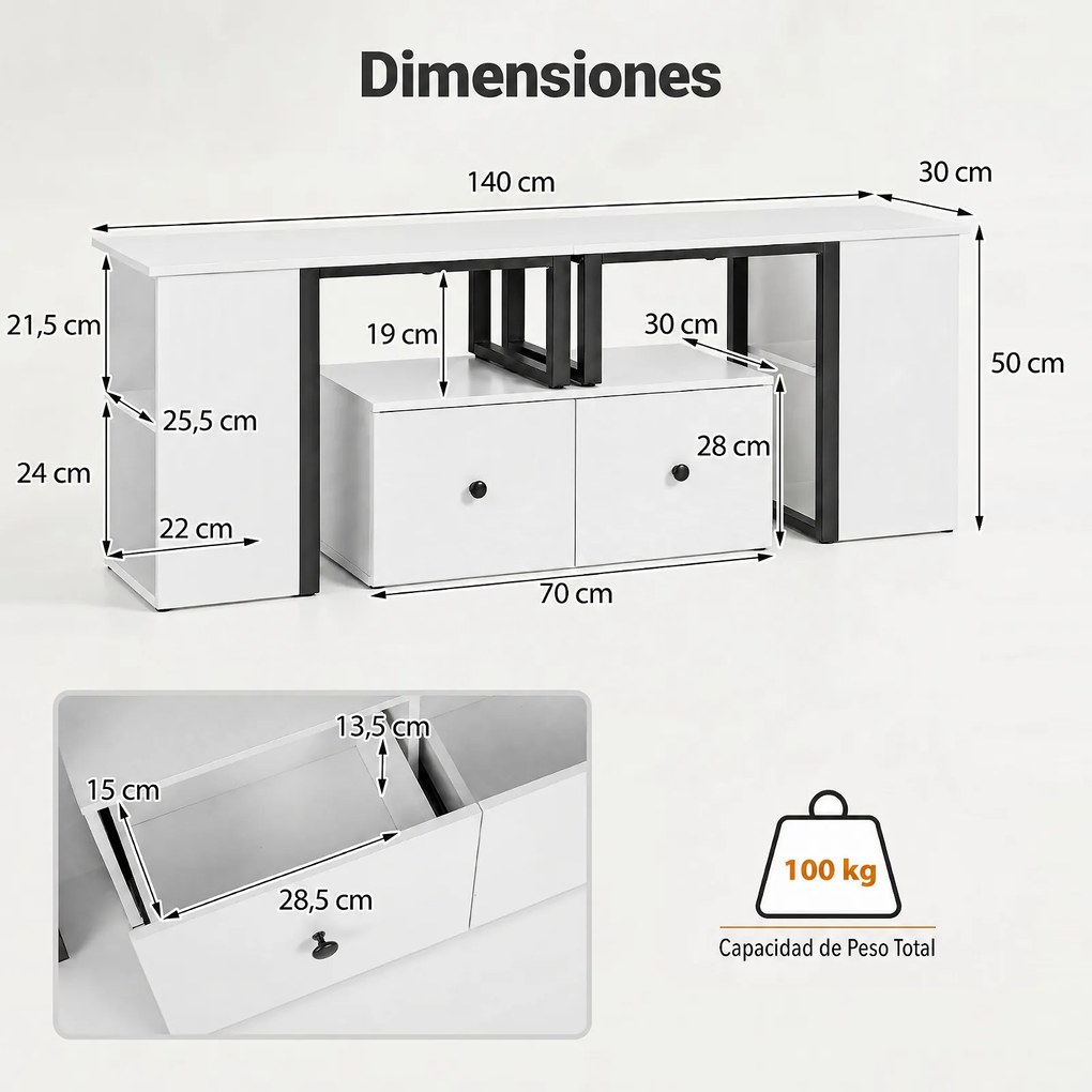 Conjunto de 3 Móveis de TV Modulares, 140 x 30 x 50 cm, Disposição Personalizável, Branco