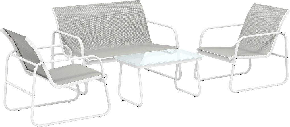 Outsunny Conjunto de Jardim Exterior de 4 peças com Sofá de 2 Lugares 2 Poltronas e Mesa de Vidro Temperado Tecido Textilene Cinza Claro | Aosom Portugal