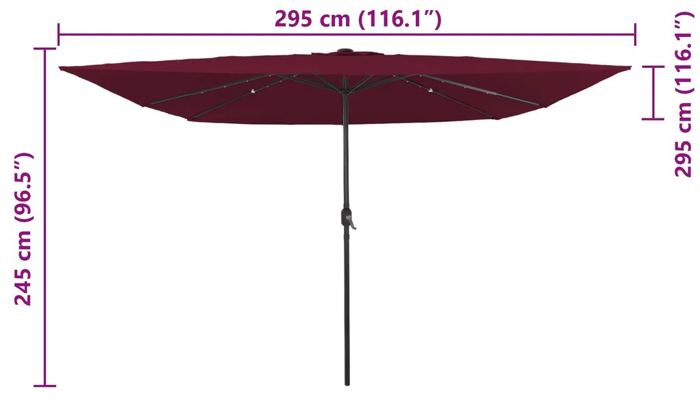 Parasol de Jardim Quadrado vidaXL com Luzes LED 295x245 cm Bordô