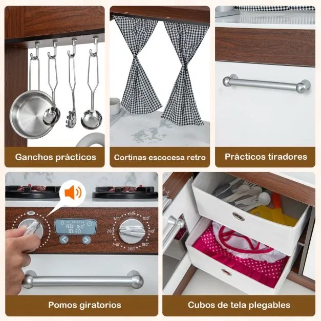 Cozinha de brincar de canto em madeira para crianças com luzes e sons, sistema de circulação de água, cortinas enroláveis e acessórios Castanho
