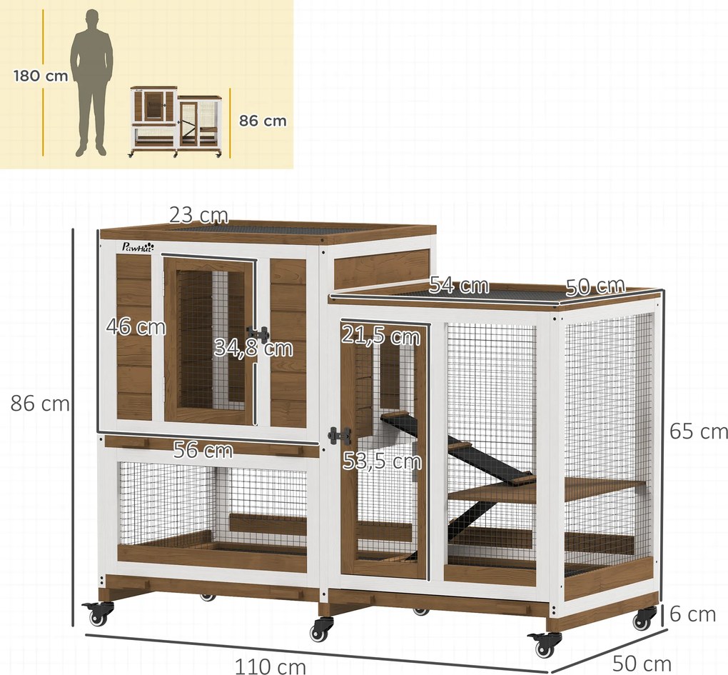 Coelheira de Madeira Interior Gaiola para Coelhos de 2 Níveis com Rodas 2 Rampas 3 Bandejas Amovíveis 110x50x86 cm Castanho