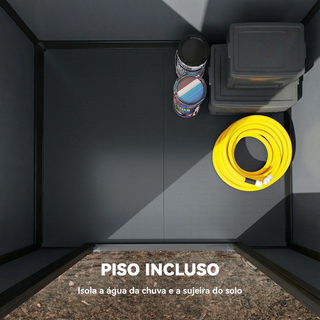 Abrigo de Jardim 1,09 m² 128x104x196 cm com Base Porta com Fechadura Janela e Ventilação, Cinzento Escuro