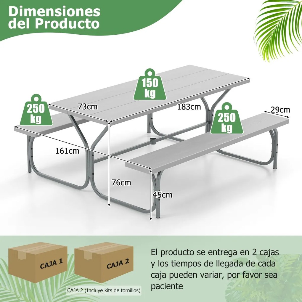 Conjunto jardim de 2 bancos e mesa para 8 pessoas com estrutura metálica Buraco para guarda-sol Cinzento