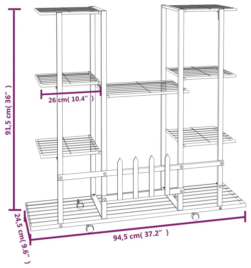 Suporte de vasos c/ rodas 94,5x24,5x91,5 cm ferro preto