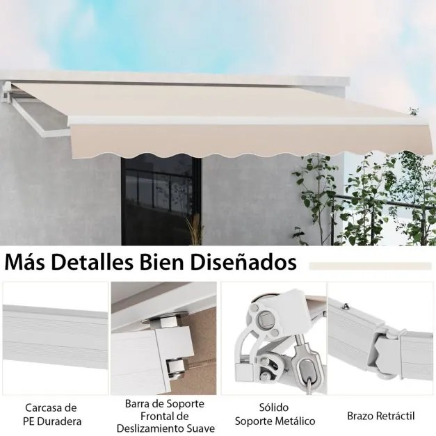 Toldo retrátil 4 x 2,5 m para pátio Cobertura em poliéster com manivela manual Estrutura em alumínio resistente bege