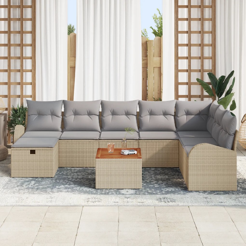 Conjunto de Sofás de Jardim de 9 Peças com Almofadas Bege Polirattan