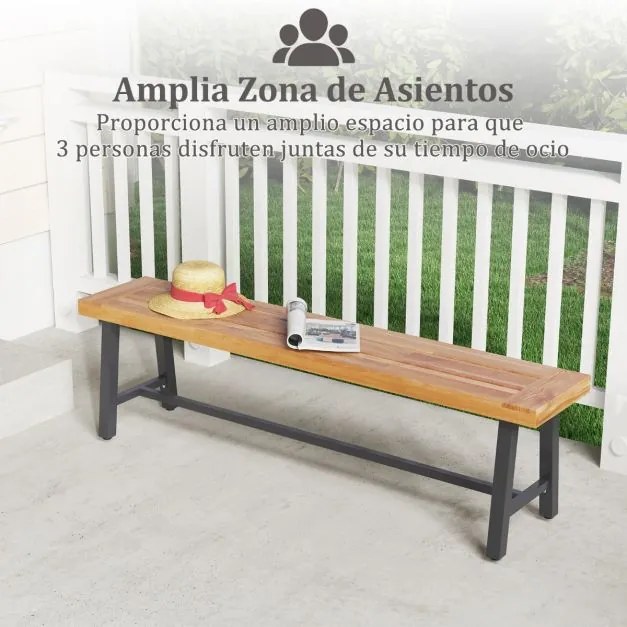 Conjunto de 2 Bancos de jardim em madeira de acácia sem costas com estrutura metálica robusta 160 x 32 x 45 cm Natural e preto