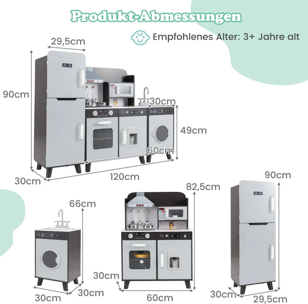 Cozinha infantil 120 x 30 x 90 cm com acessórios 3 em 1 Cozinha de madeira para crianças com frigorífico e máquina de lavar roupa cor Castanho