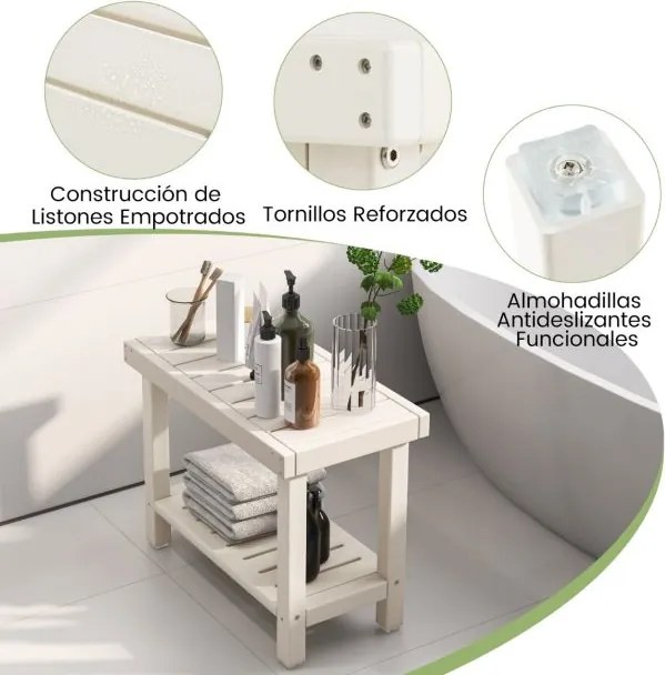 Banco de Casa de banho 61 x 31 x 49 cm  com prateleira de armazenamento Banco de duche impermeável Branco