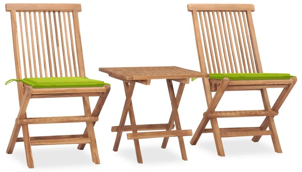 3 pcs conj. jantar dobrável exterior c/ almofadão teca maciça