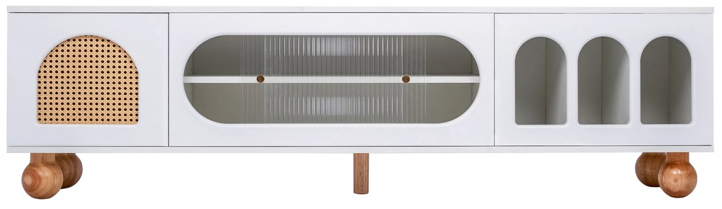 Móvel para TV com Três Compartimentos Abertos, Puxadores Dourados e Pés em Madeira,170x47x37cm, Branco