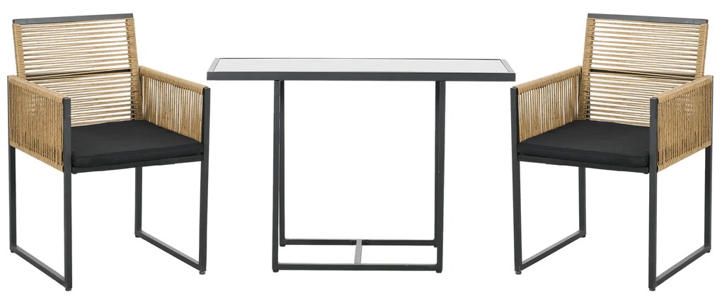 Outsunny Conjunto de 3 Peças de Jardim com 2 Cadeiras de Vime com Encosto Dobrável e Almofadas e Mesa de Vidro Natural e Preto | Aosom Portugal