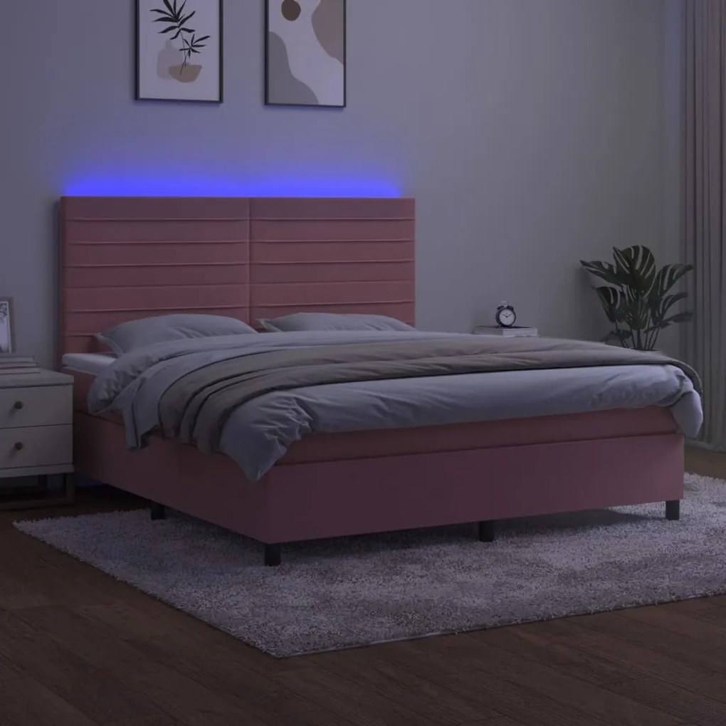 Cama box spring c/ colchão/LED 180x200 cm veludo rosa