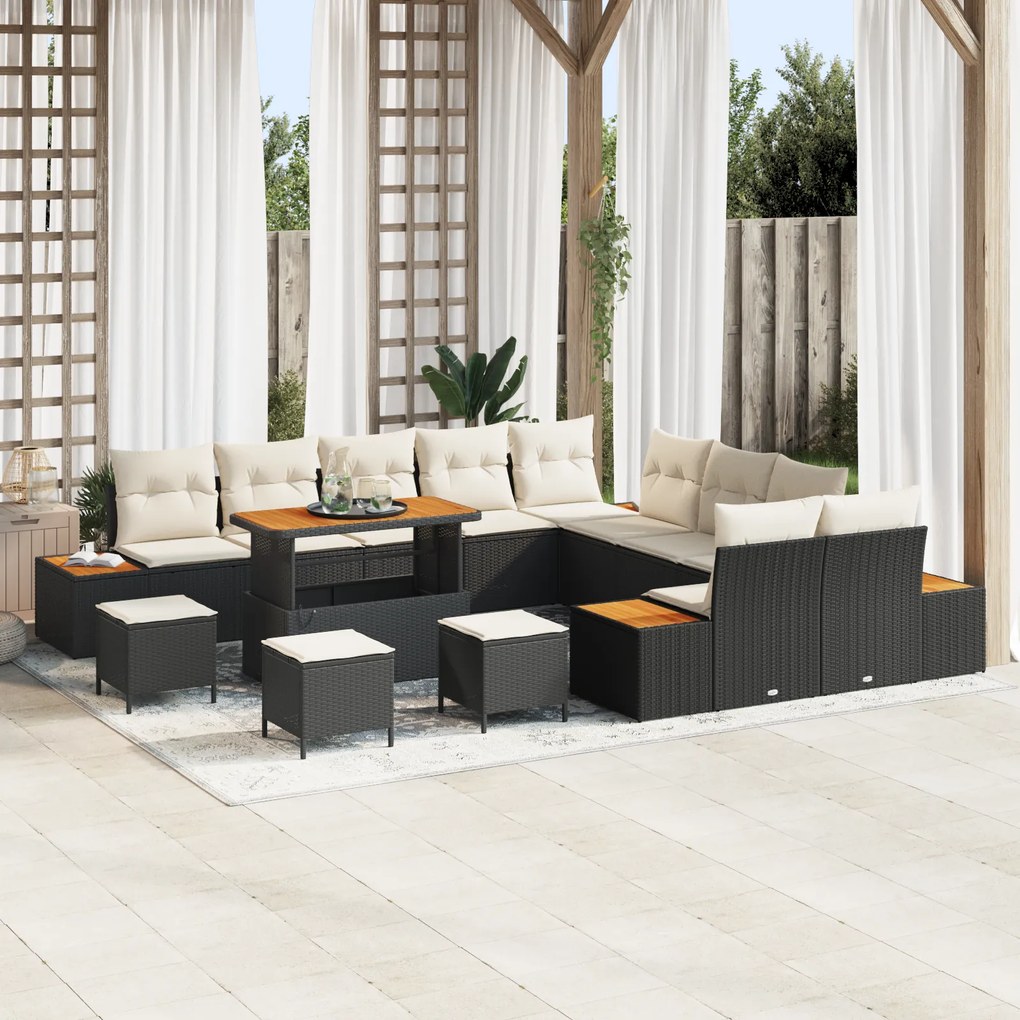 Conjunto de Sofás para Jardim de 14 Peças com Almofadas Rattan Preto