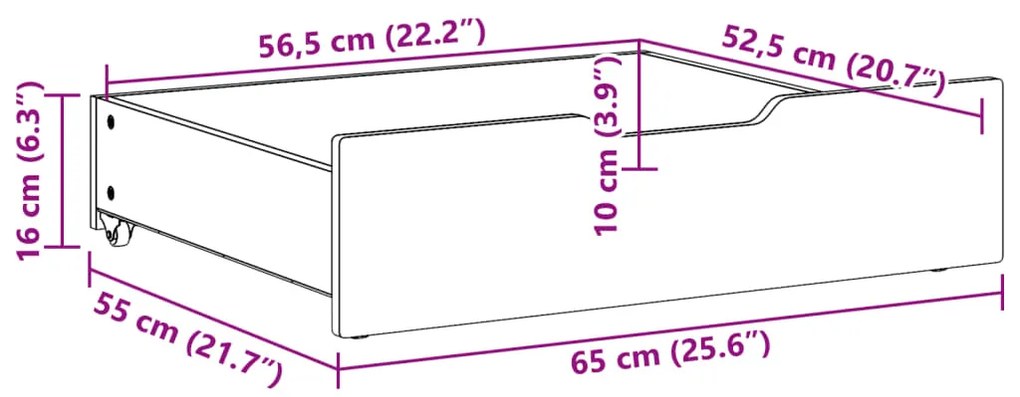 Gavetas para cama 2 pcs 65x55x16 cm pinho maciço castanho-mel