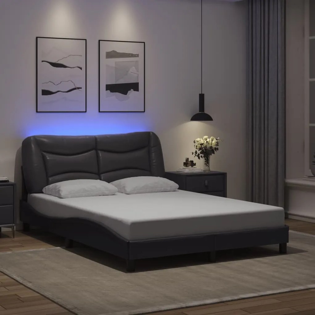 Estrutura de cama c/ luzes LED 120x200cm couro artificial cinza
