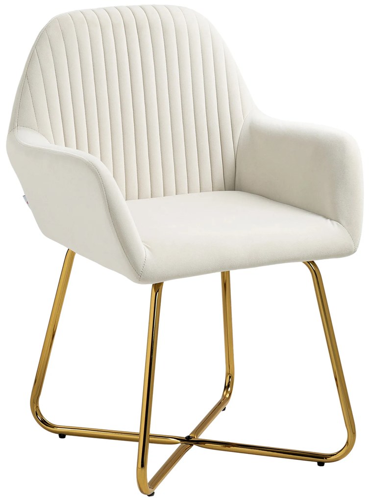 HOMCOM Cadeira de Sala de Jantar Estofada em Veludo com Base Metálica Cruzada Cadeira de Leitura 60x56,5x85 cm Creme | Aosom Portugal