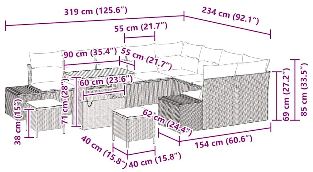 Conjunto de Sofá de Jardim de 12 Peças da com Almofadas, Rattan de Pol