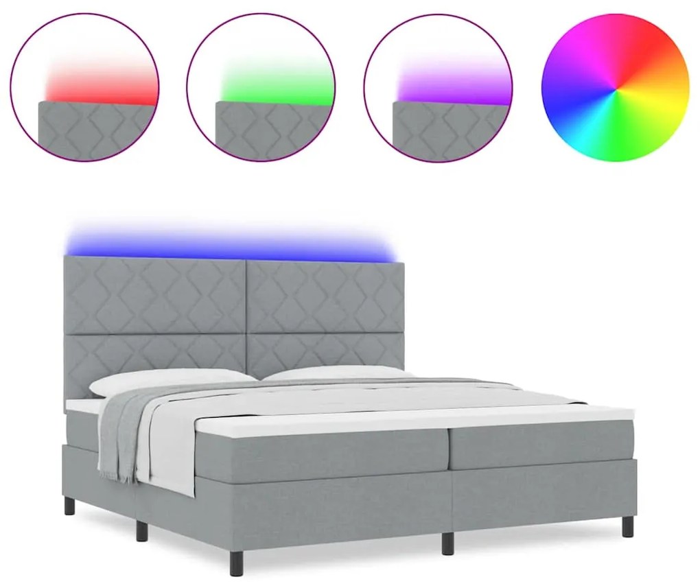 Cama box com colchão e luz LED, cinza claro, 200 x 200 cm, tecido