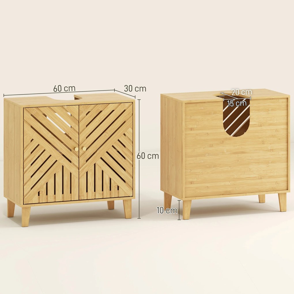 Móvel para Lavatório (NÃO INCLUIDO) Pousar em Bambu com Portas Ripadas Armário de Casa de Banho para Lavatório sem Pedestal 60x30x60 cm Madeira