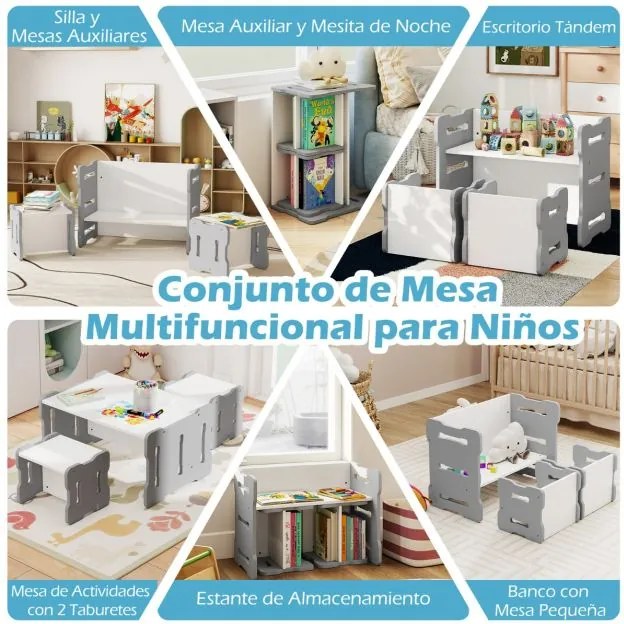 Conjunto de mesa e cadeira para crianças Conjunto de 3 peças para crianças pequenas com 2 bancos e mesa de atividades Cinzento