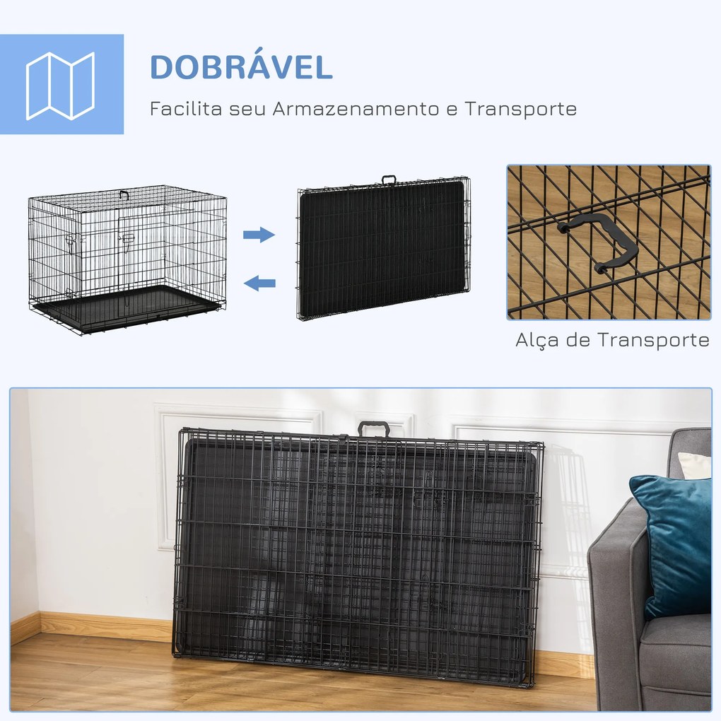 Gaiola para Cães Pequenos Gaiola para Animal de Estimação Dobrável com 2 Portas Alça de Transporte Bandeja Removível Aço 106x71x76cm Preto