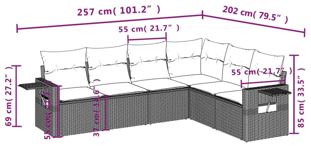 6 pcs conj. sofás jardim com almofadões vime PE cinzento-claro