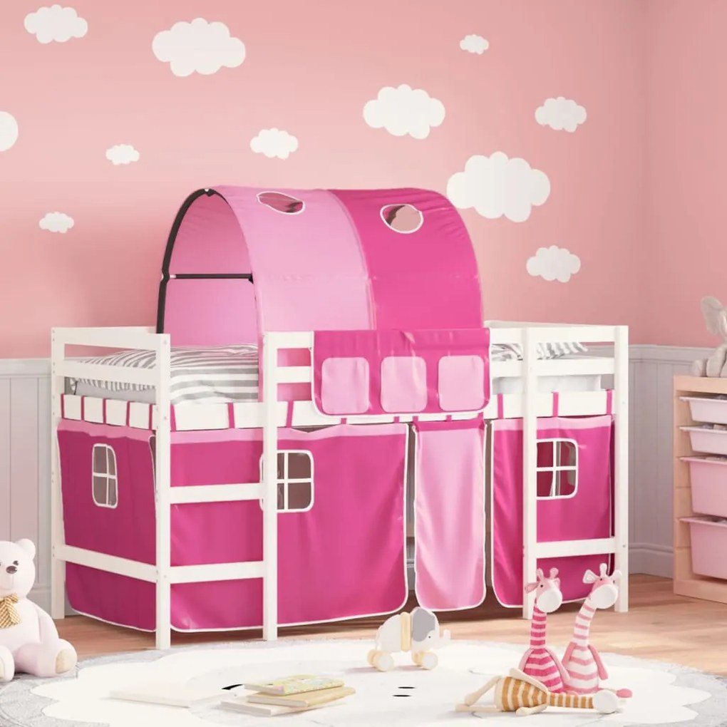 vidaXL Cama alta p/ criança c/ túnel 90x200 cm pinho maciço rosa