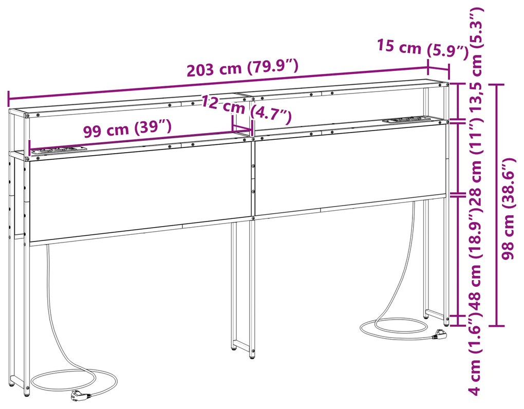Cabeceira de armazenamento com cabeceira Carvalho Sonoma 200 cm