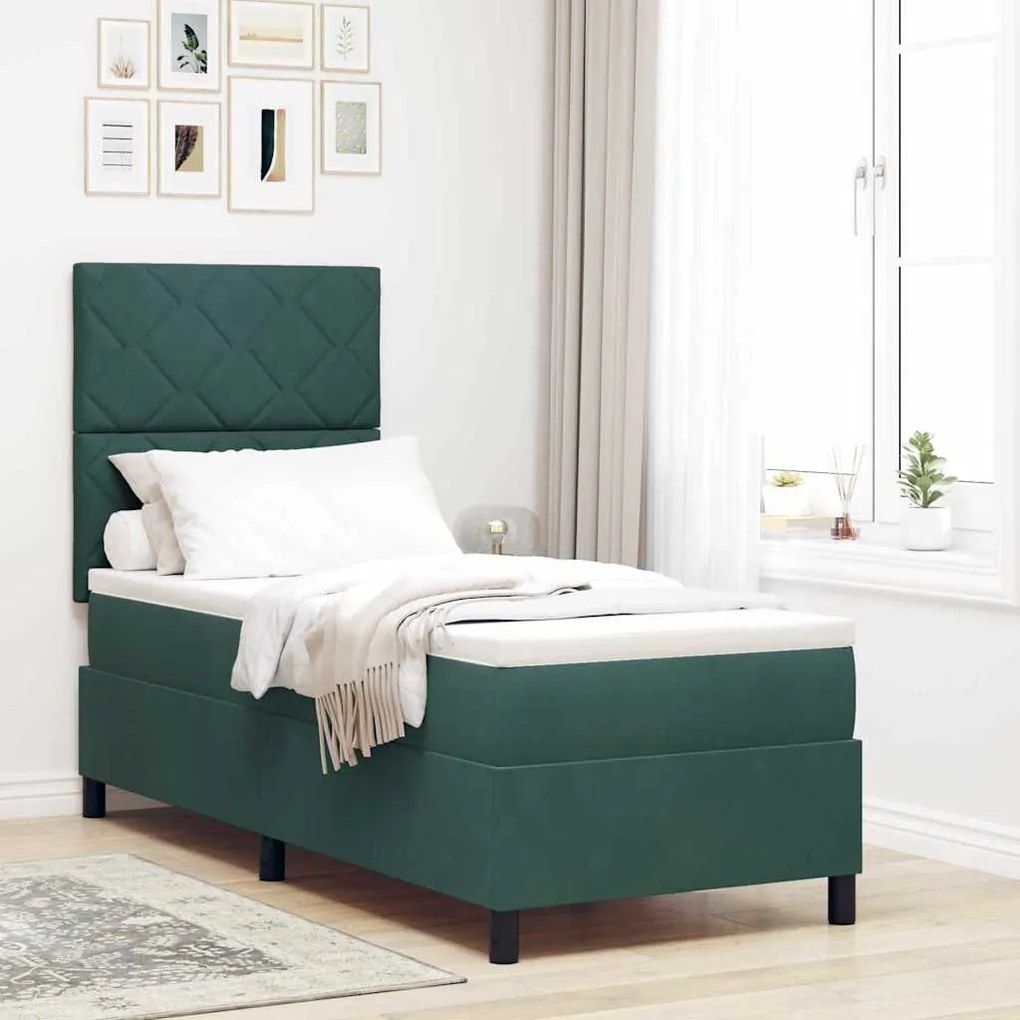 Cama Box com Colchão e LED Verde Escuro 80x200 cm Veludo
