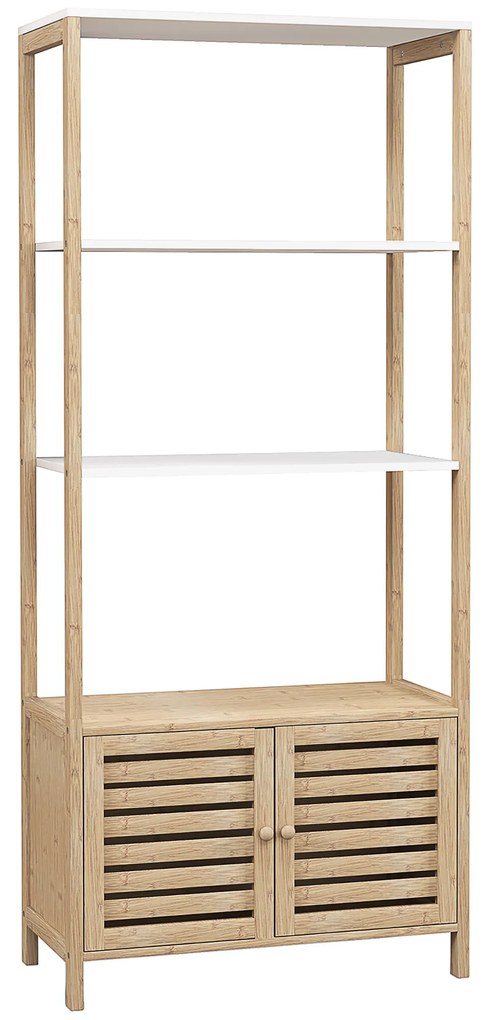 HOMCOM Estante para Casa de Banho de Bambu com 3 Prateleiras Abertas Estante de Arrumação Casa de Banho com Portas Ripadas 63x30x138 cm Madeira e Branco