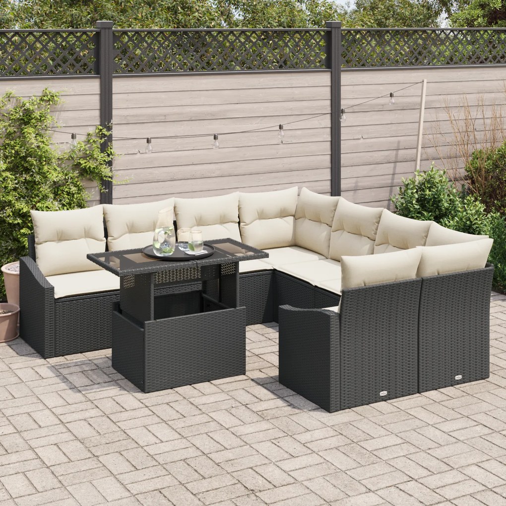 Conjunto de Sofá de Jardim com 9 Peças e Almofadas Preto em Rattan