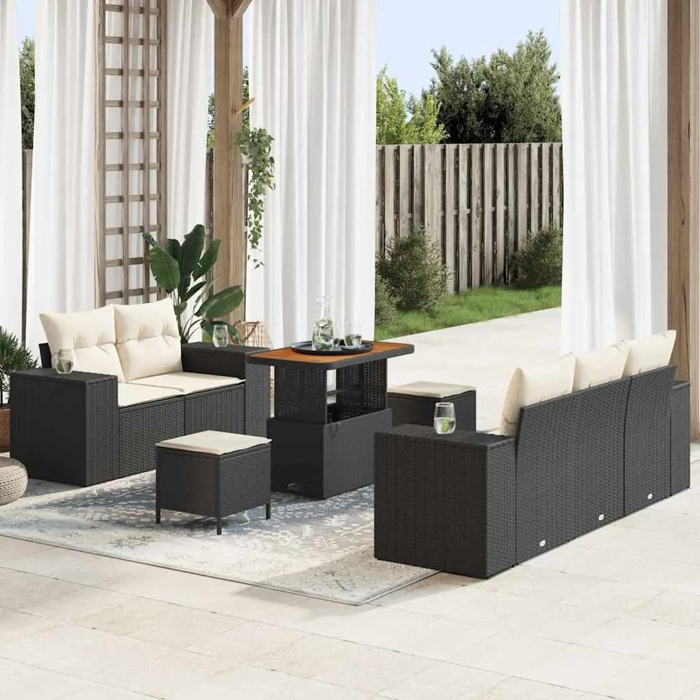 vidaXL Conjunto de Sofá de Jardim 8 Peças com Almofadas em Rattan Sintético Preto e Acácia