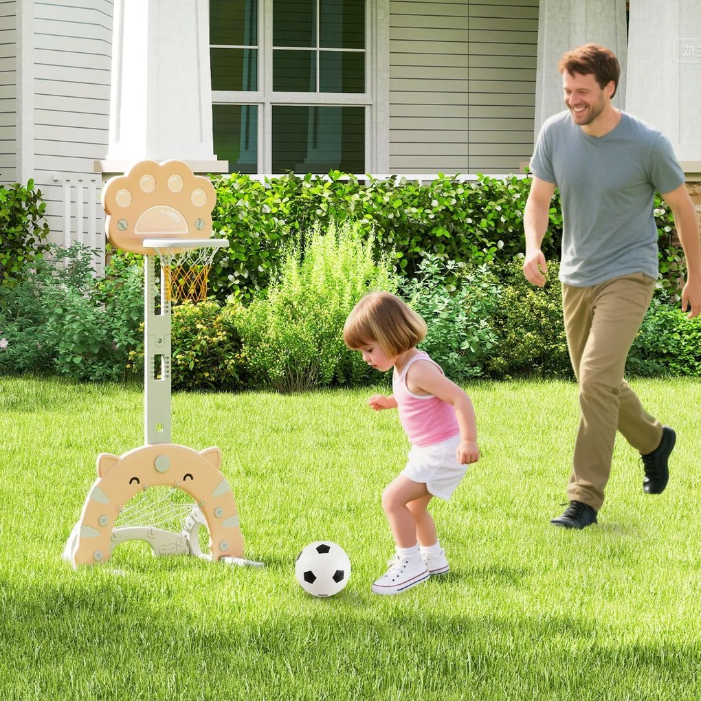 Cesto de basquetebol 3 em 1 ajustável em altura com jogos de futebol e golfe para crianças a partir dos 3 anos 65 x 49 x 130-151 cm Caqui