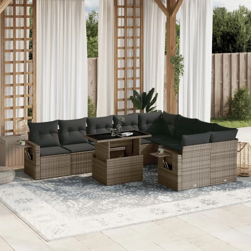 10 pcs conjunto sofás de jardim c/ almofadões vime PE cinzento