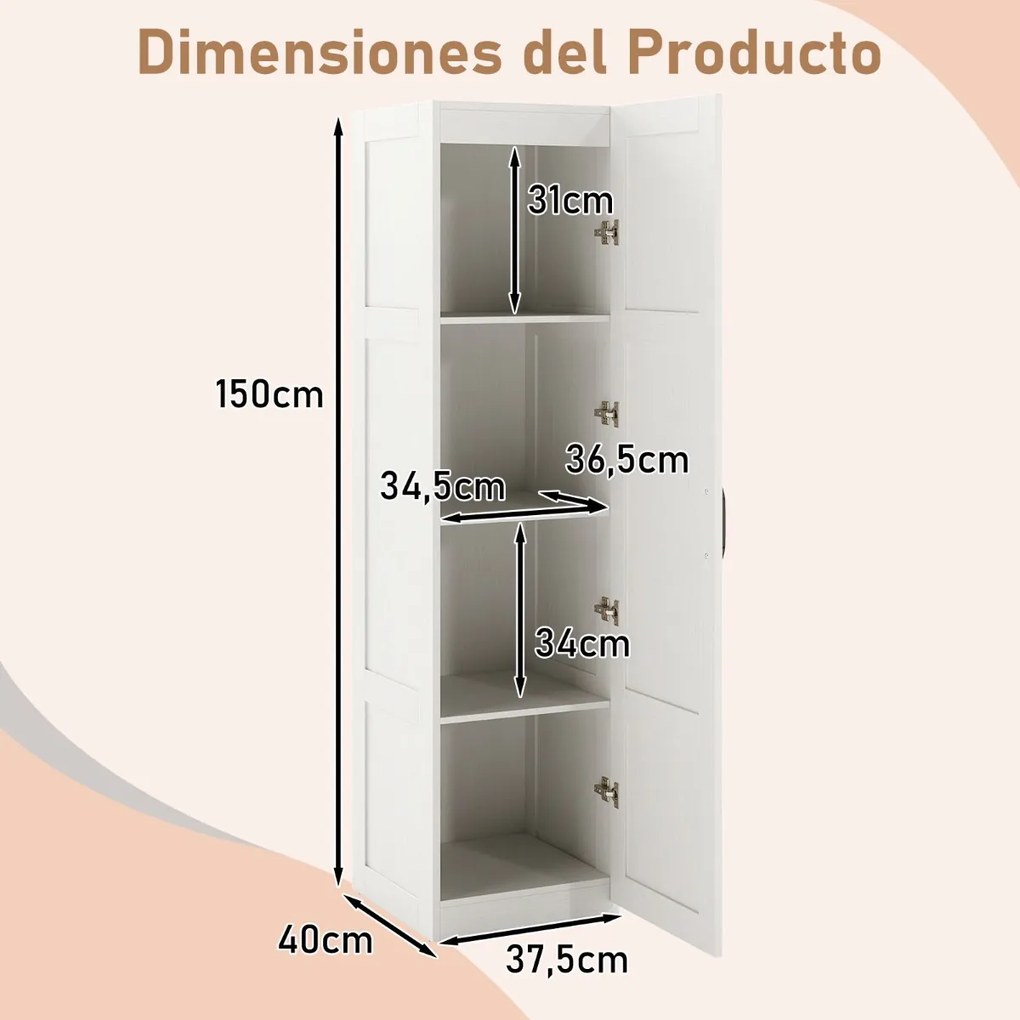 Armário alto de armazenamento 37,5 x 40 x 150 cm com 4 níveis e porta para cozinha ou sala de estar Branco
