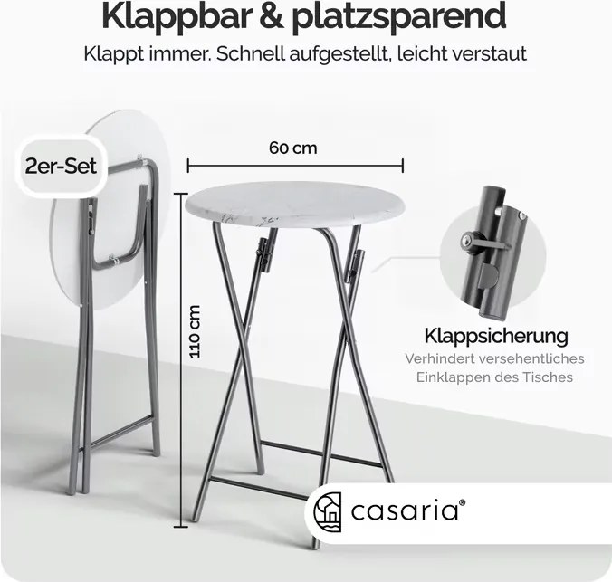 Conjunto de 2 mesas bar altas dobráveis Ø60cm aspeto de mármore branco