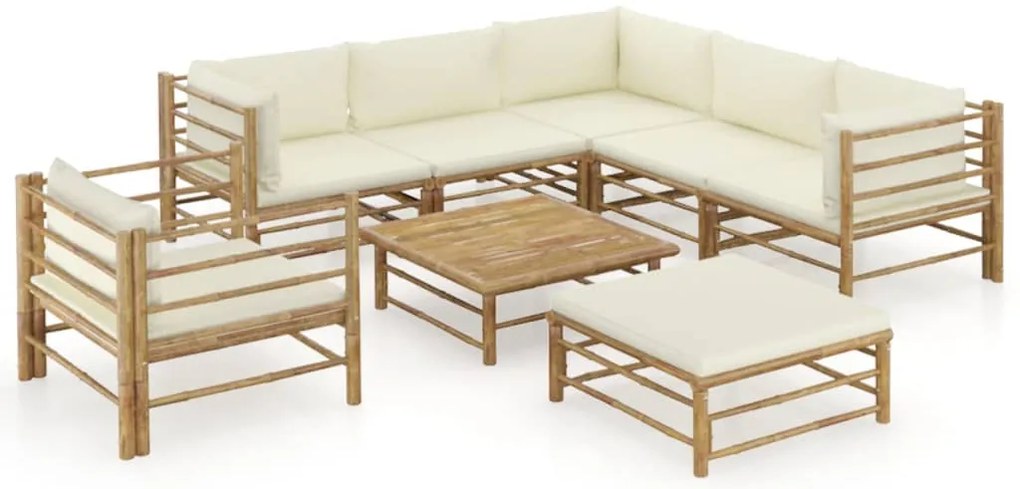 8 pcs conj. lounge p/ jardim em bambu c/ almofadões branco nata