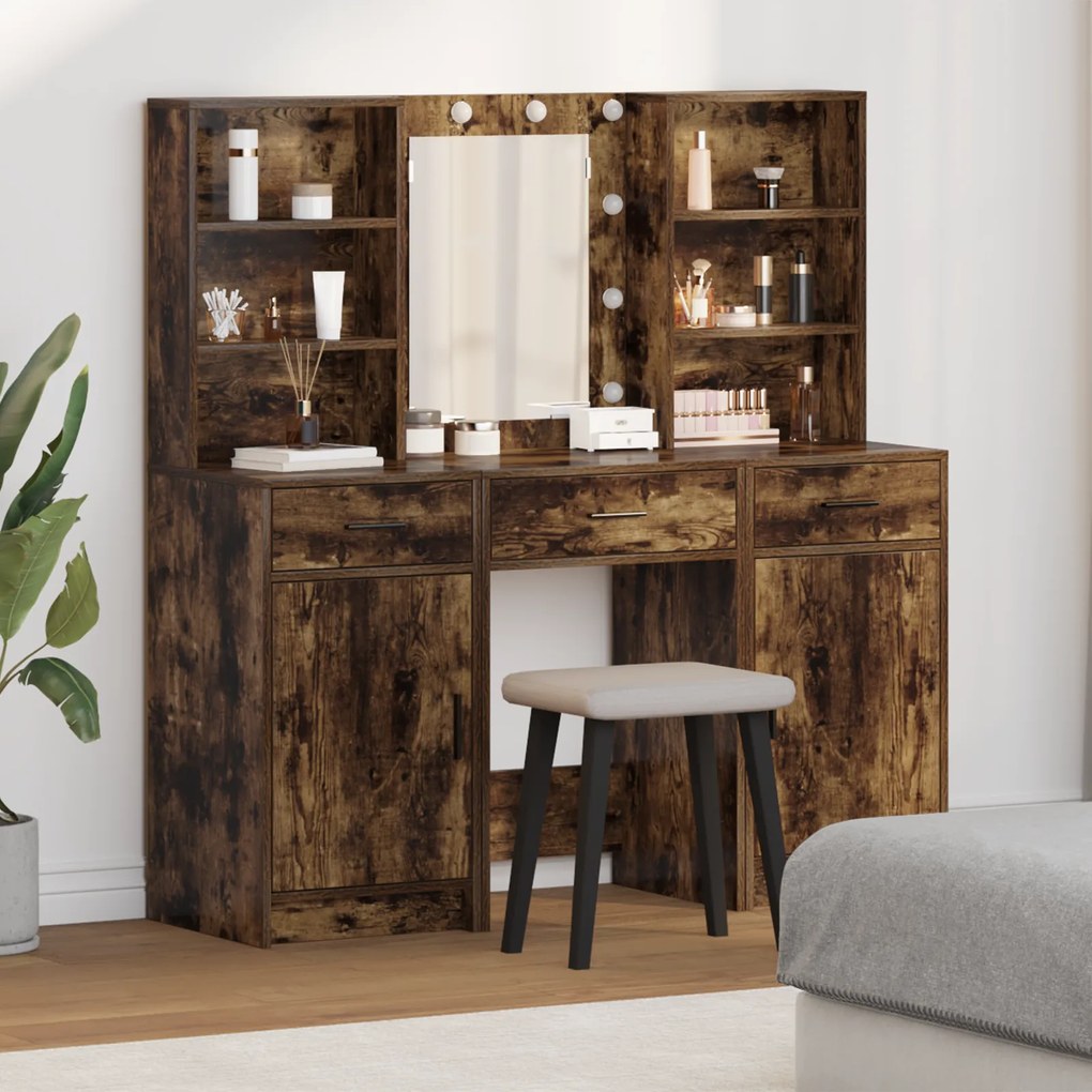 vidaXL Conjunto de Mesa de Maquilhagem de 3 Peças Carvalho Fumado Madeira de Engenharia