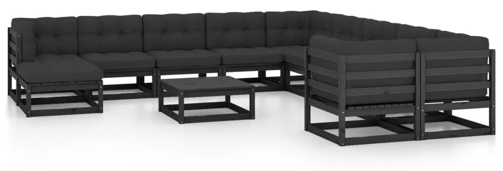 12 pcs conjunto lounge jardim c/ almofadões pinho maciço preto