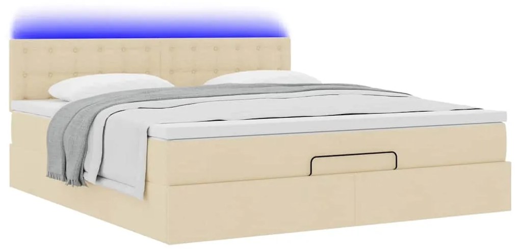 Cama Otomana com colchão &amp; LEDs 180x200cm tecido creme