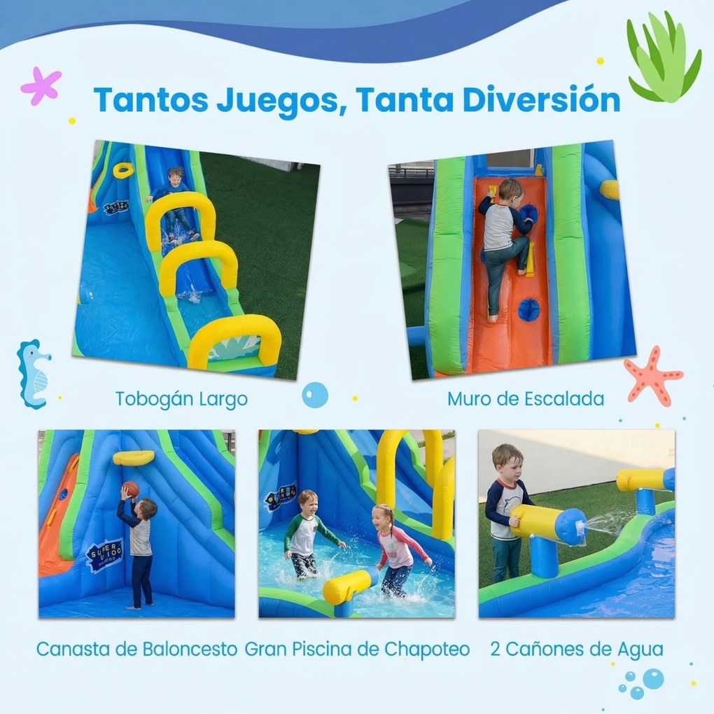 Parque Aquático Castelo Insuflável com Escorrega 465 x 345 x 242 cm, Parede de Escalada, Aro de Basquetebol, Piscina, Salpicos, Ventilador de 850 W –