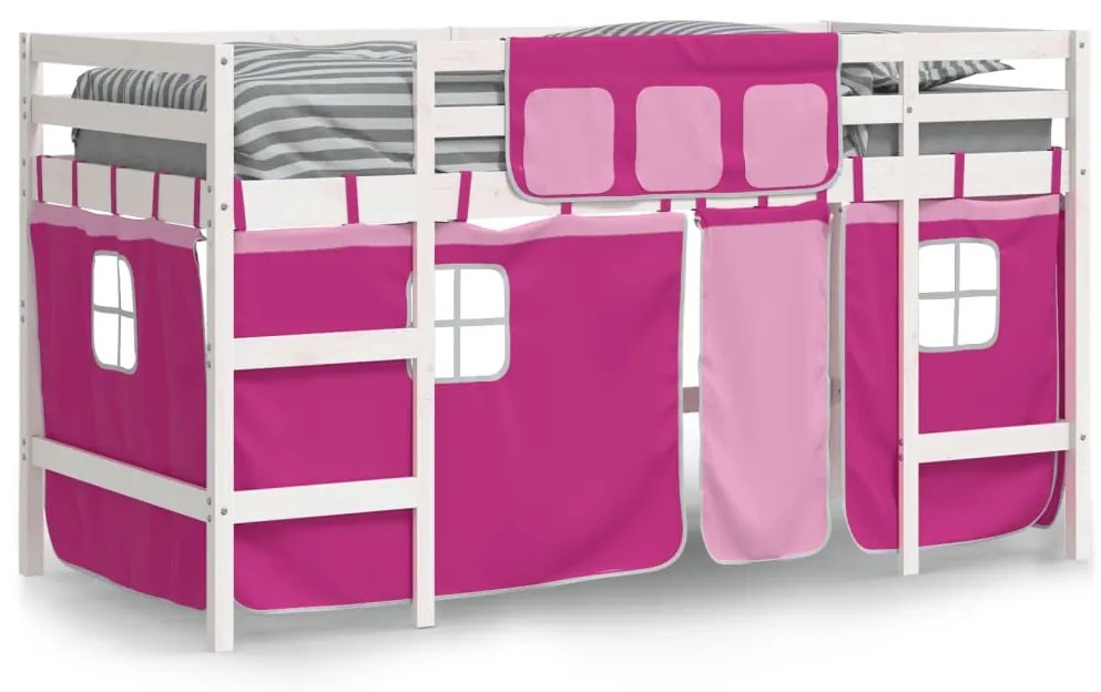 Cama alta p/ criança c/ cortinas 90x190 cm pinho maciço rosa