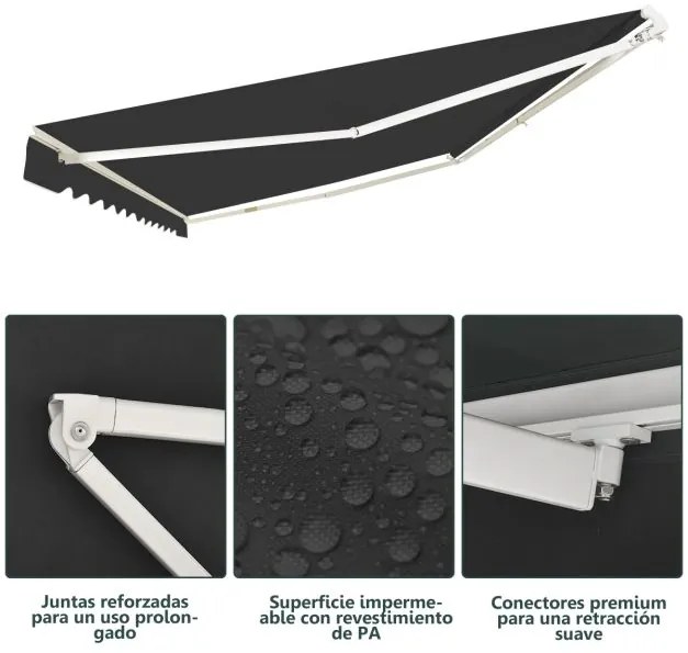 Toldo retrátil 3,6 x 3 m em alumínio com manivela e poliéster impermeável para exterior Cinzento